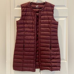 Maddison Down Collection- real feathers- long vest- aubergine (burgundy)